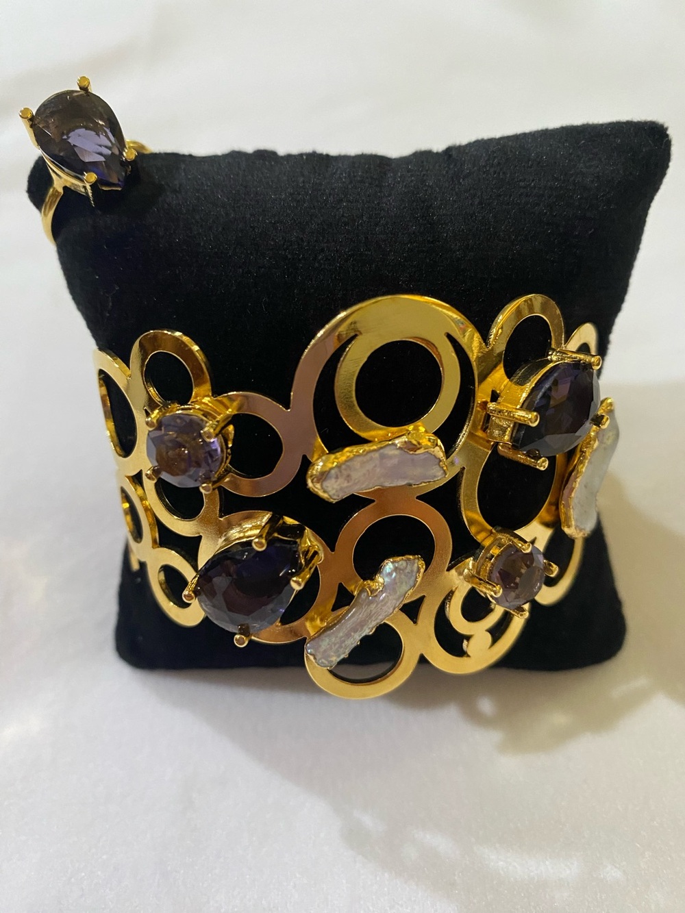 Gold-Tone Open Circle Cuff Bracelet with Purple Gemstones